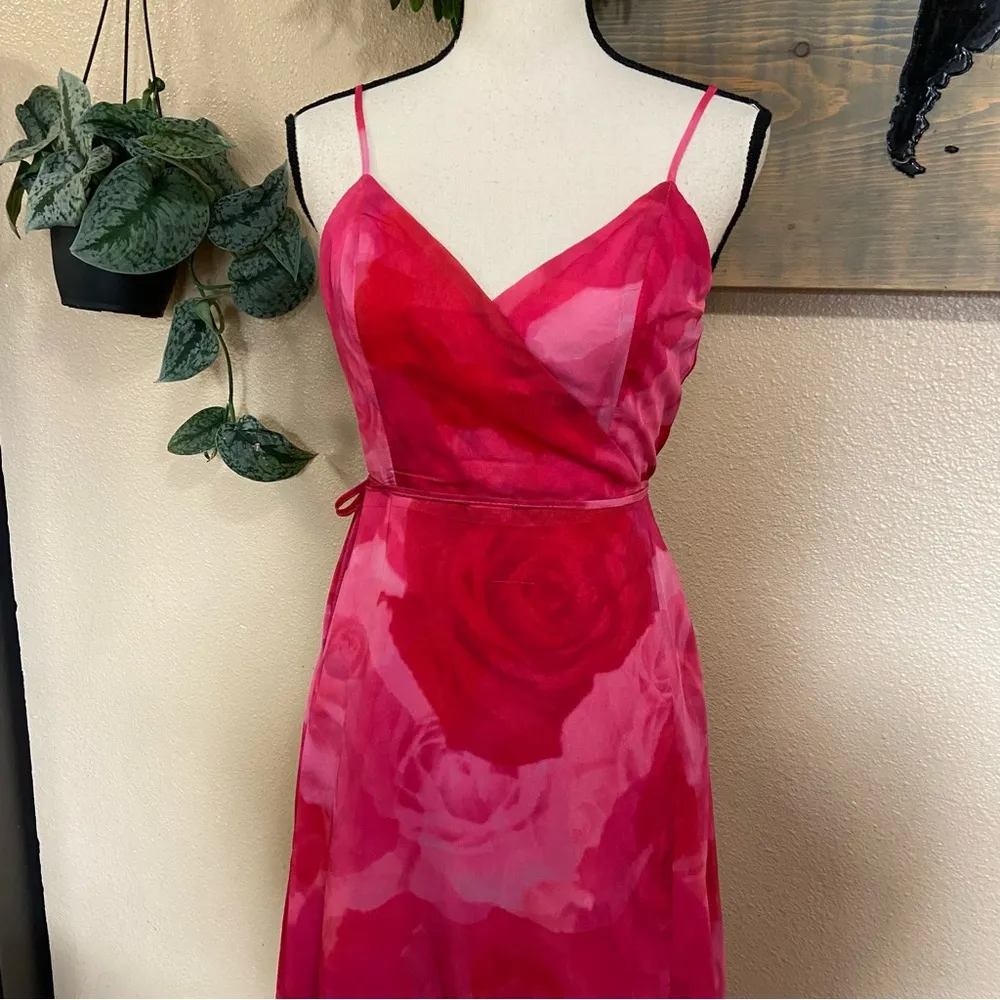 NWOT Lulus Radiant Perfection Hot Pink Floral Print Wrap Midi Dress Red Size M - Image 3