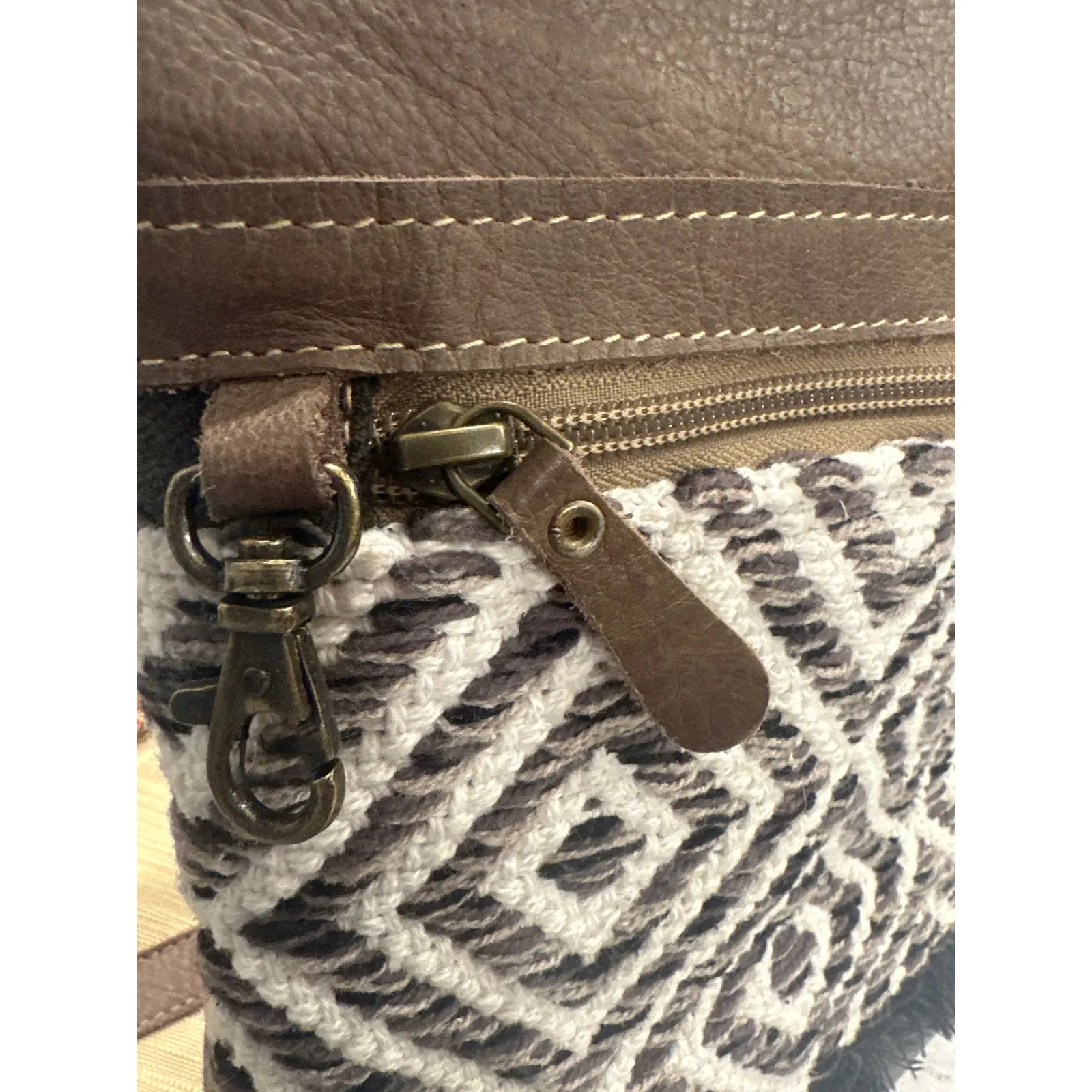 Myra Bag Brown 100% cotton/Leather Canvas western Diamond Fringe Crossbody Bag - Image 8