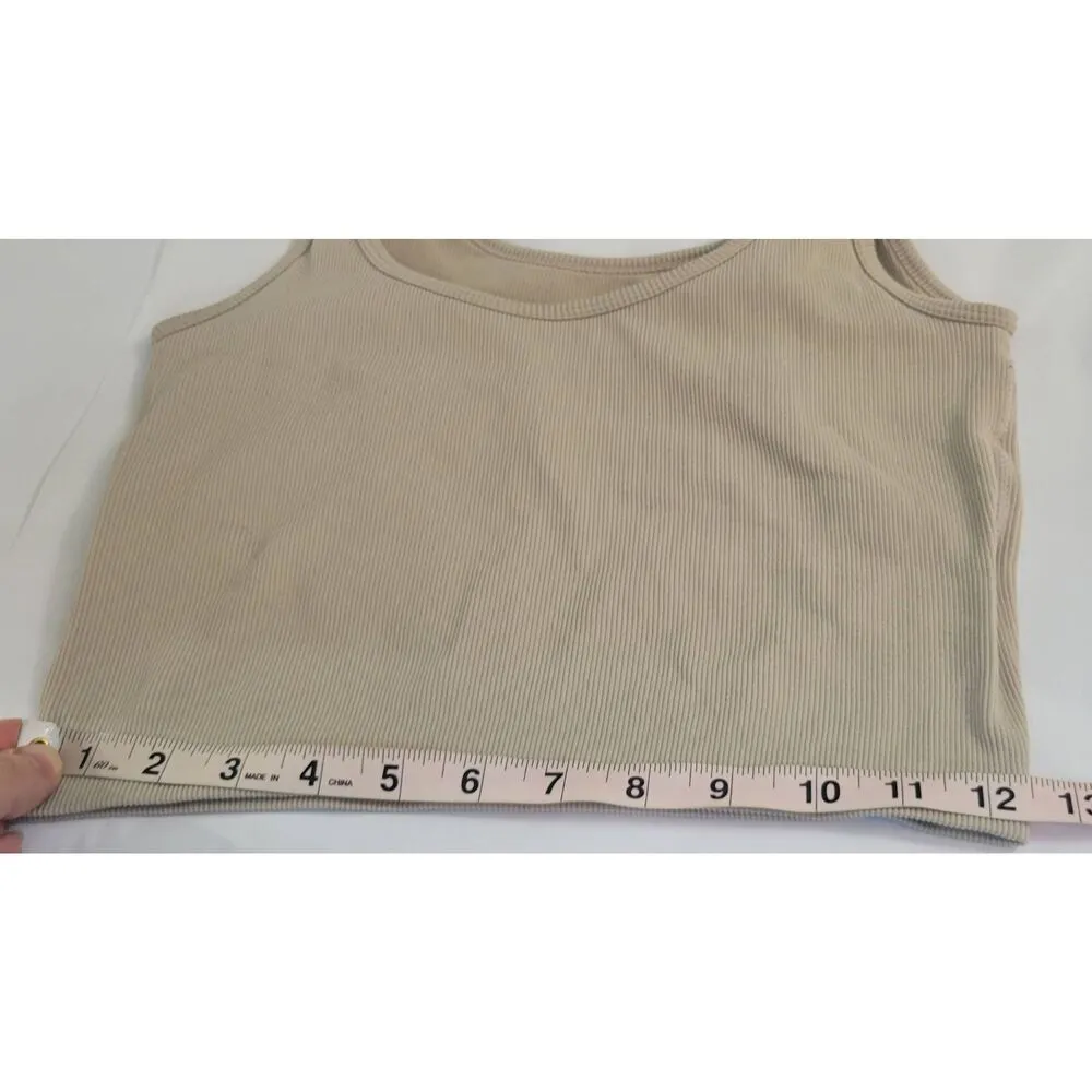 Pro Fit Cropped Tank Built in Bra, Sports Bra Ribbed Khaki Sz XL Tan - Image 7
