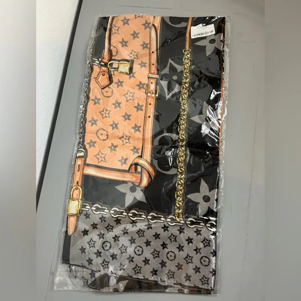 Chic Silk Feel Scarf Belt & Chain Print Black Beige Gold Pattern Elegant Square Orange - Image 3