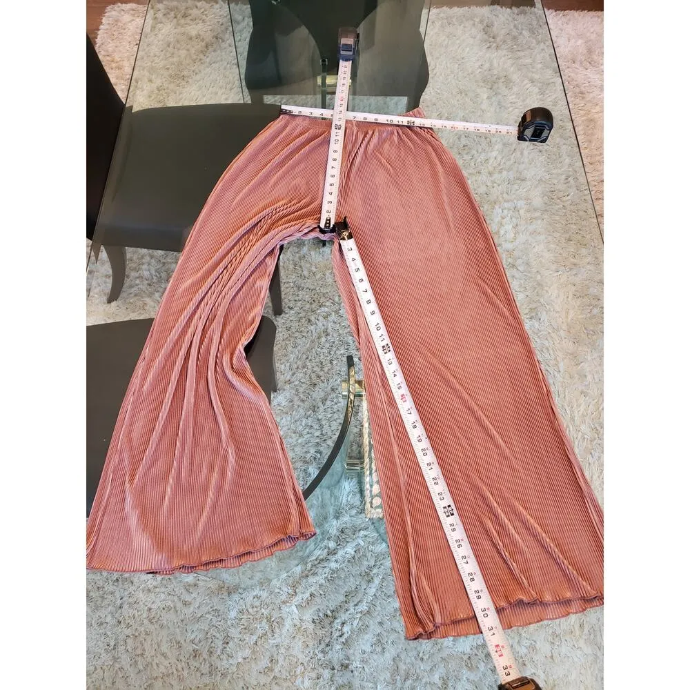 Women Pleated Lounge Set XL Pink Long Sleeve Button Top Wide Leg Pants 2 Piece - Image 4