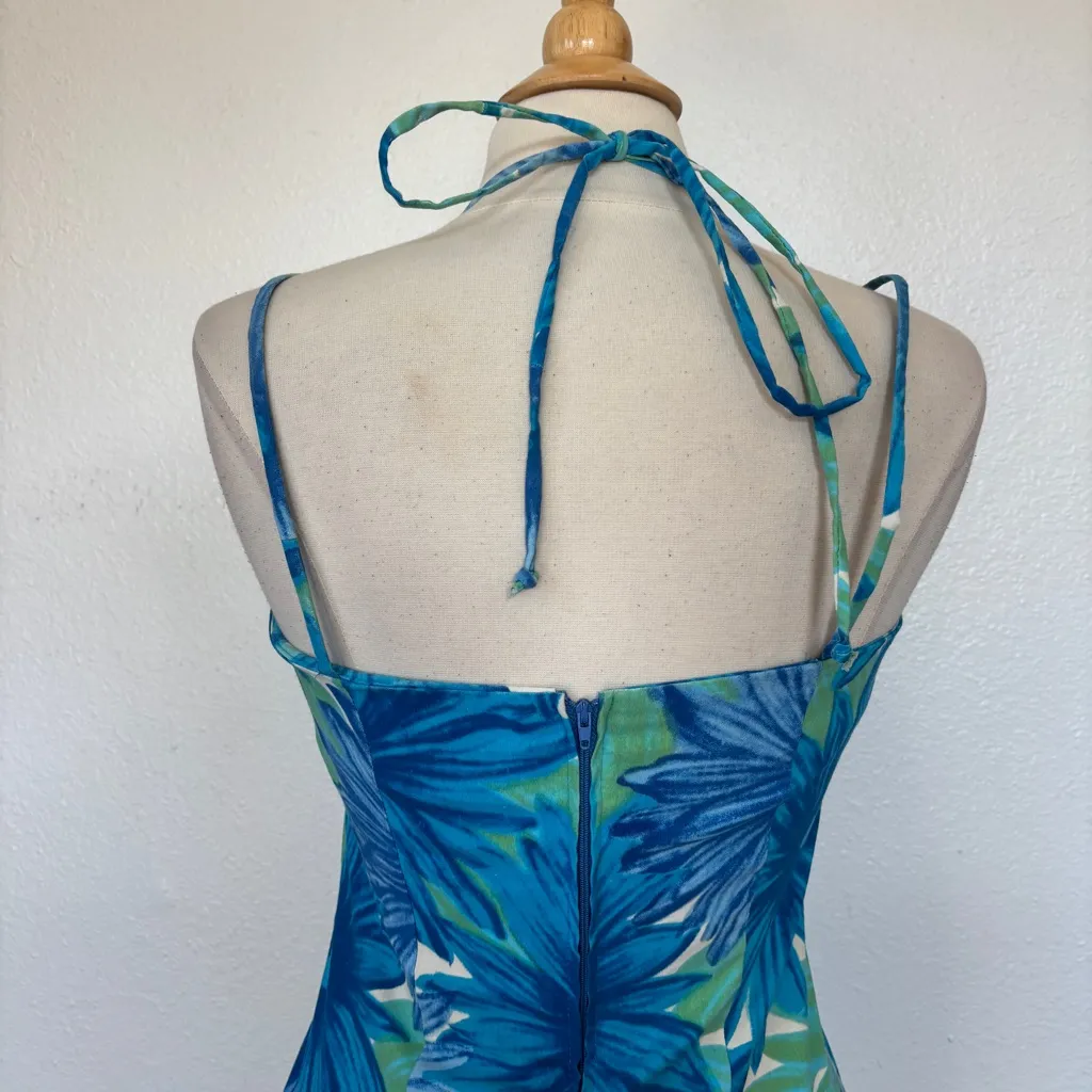 Vintage 90s Blue Floral Sleeveless Strappy Fitted Dress - Image 7