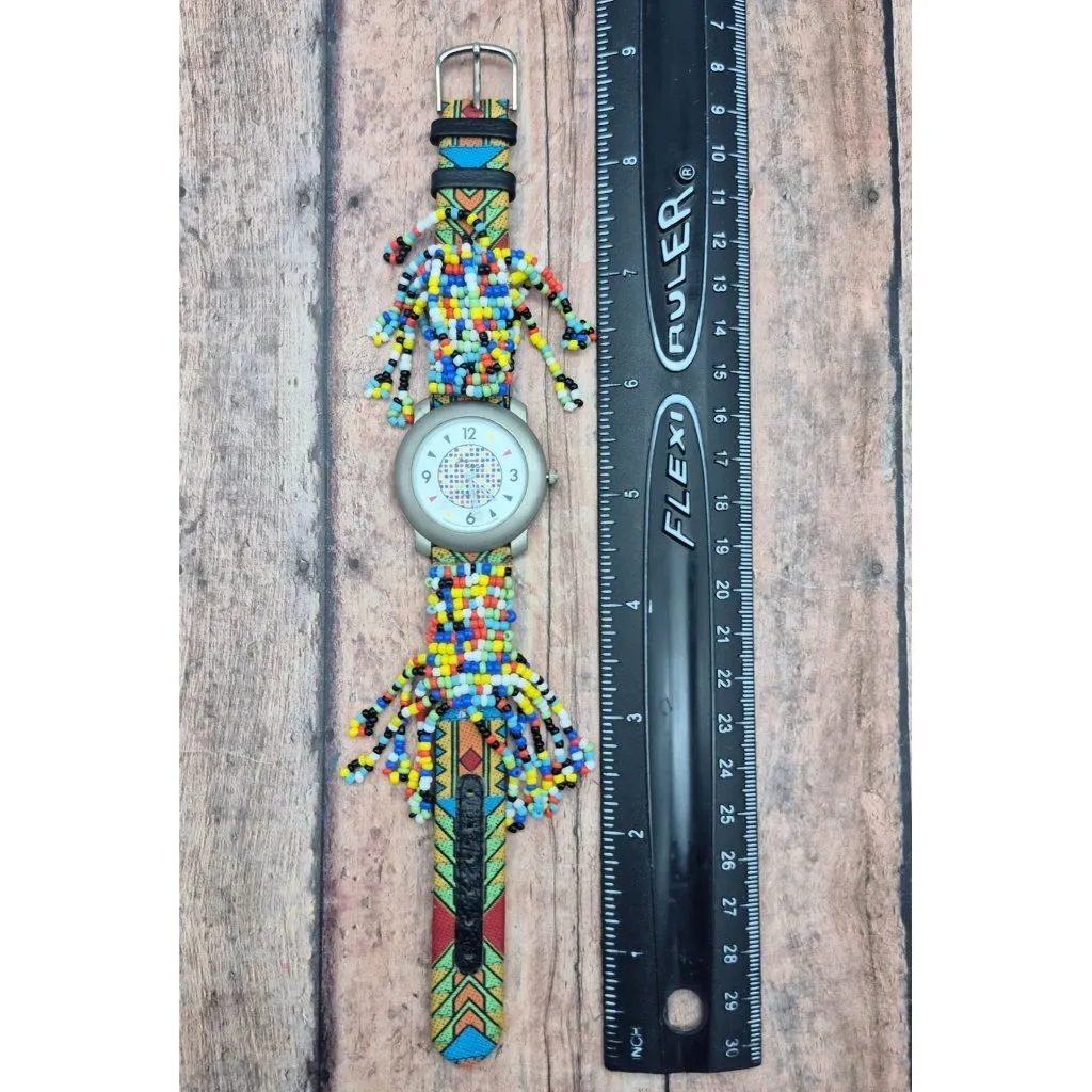 Leather Band Native Seed Bead Jacques Couture Watch Works New Battery Unique Silver - Image 9