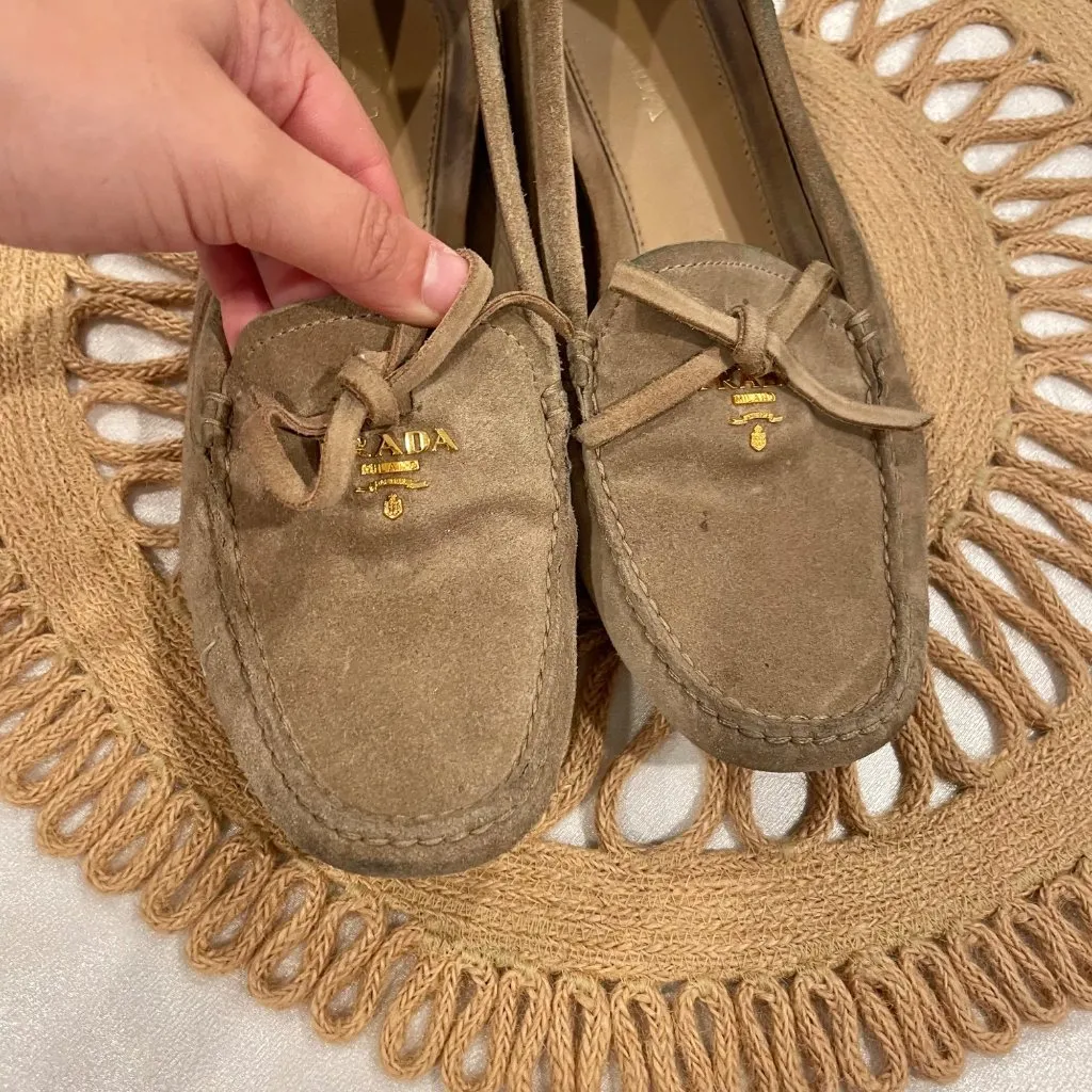 Prada  Suede Bow Drivers Tan Leather Size EU 38 - Image 3