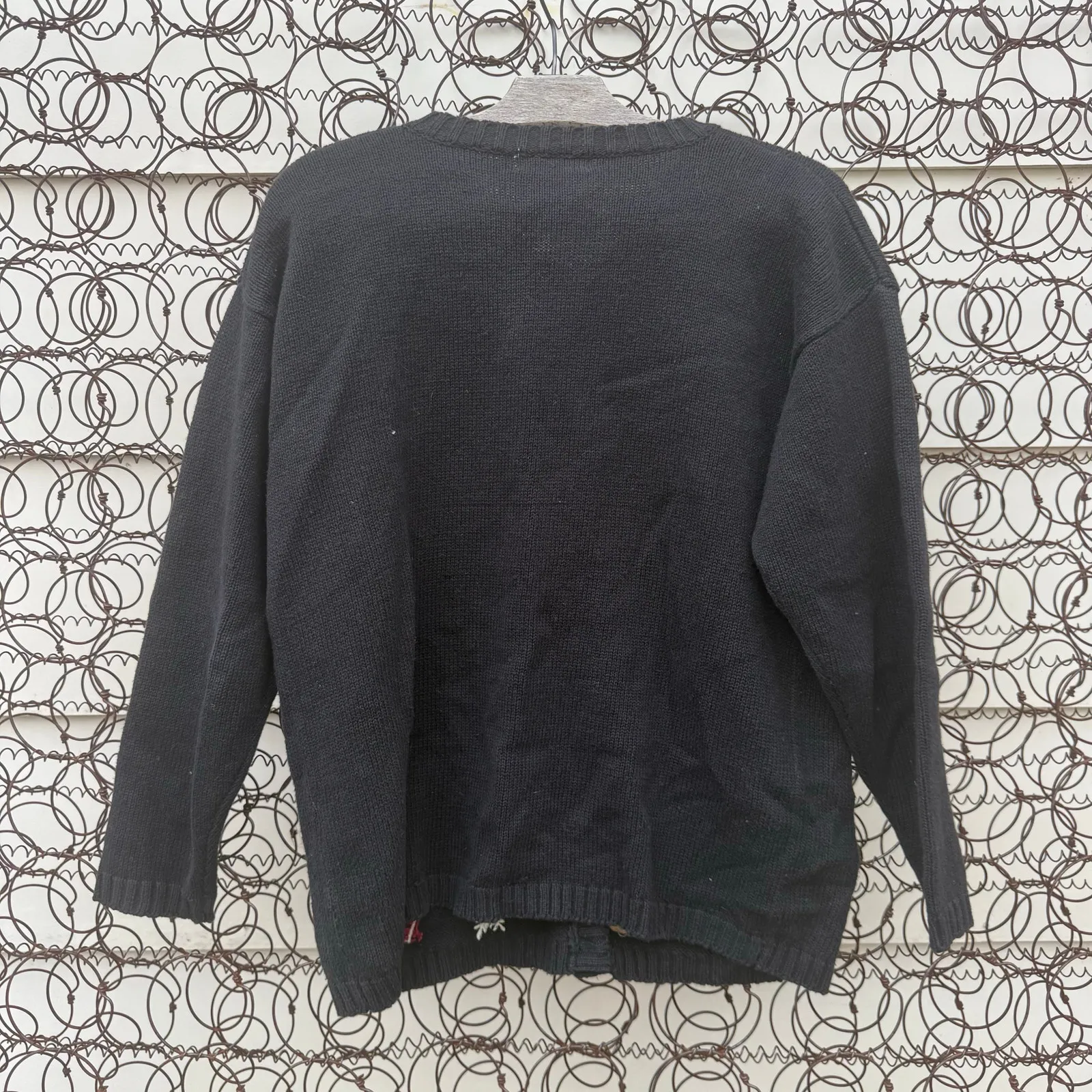 Vintage 90s Yarnworks AOP Rudolph Santa Stockings Tree Christmas Cardigan SMALL Black - Image 5