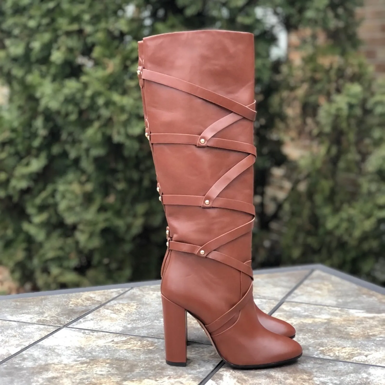 Aquazzura Cognac Luggage New Bel Air Knee High Calf Leather Boots 7.5 $1,395 Tan - Image 4