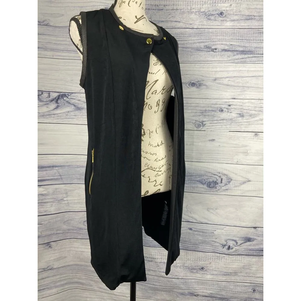 Chicos 0 Travelers Faux Leather Mix Vest Womens S 4 Snap Zip Pocket Slinky Black - Image 7
