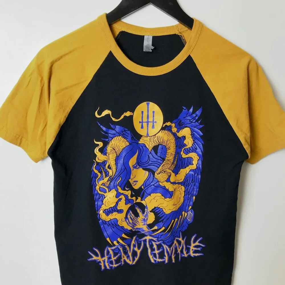 Heavy Temple Raglan Graphic Tee Womens Yellow Black Small S Metal Band Trio - Image 8