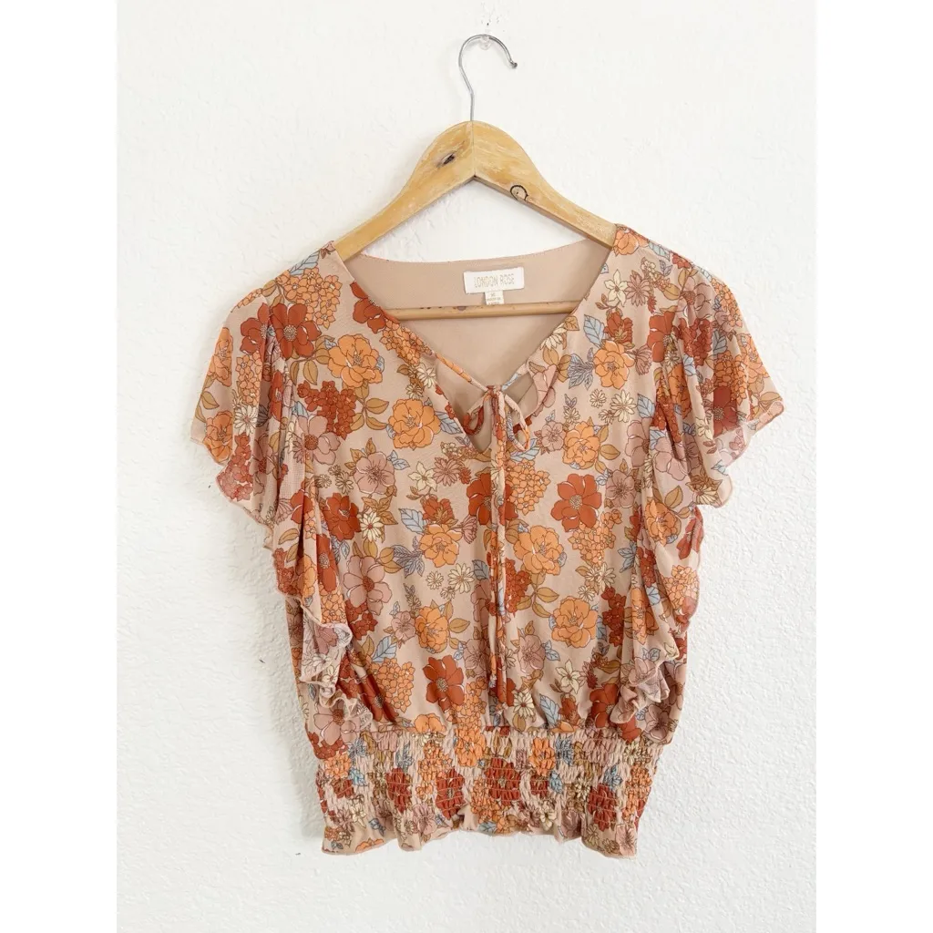 Floral Ruffle Sleeve Blouse in Orange and Cream Size M - Image 10