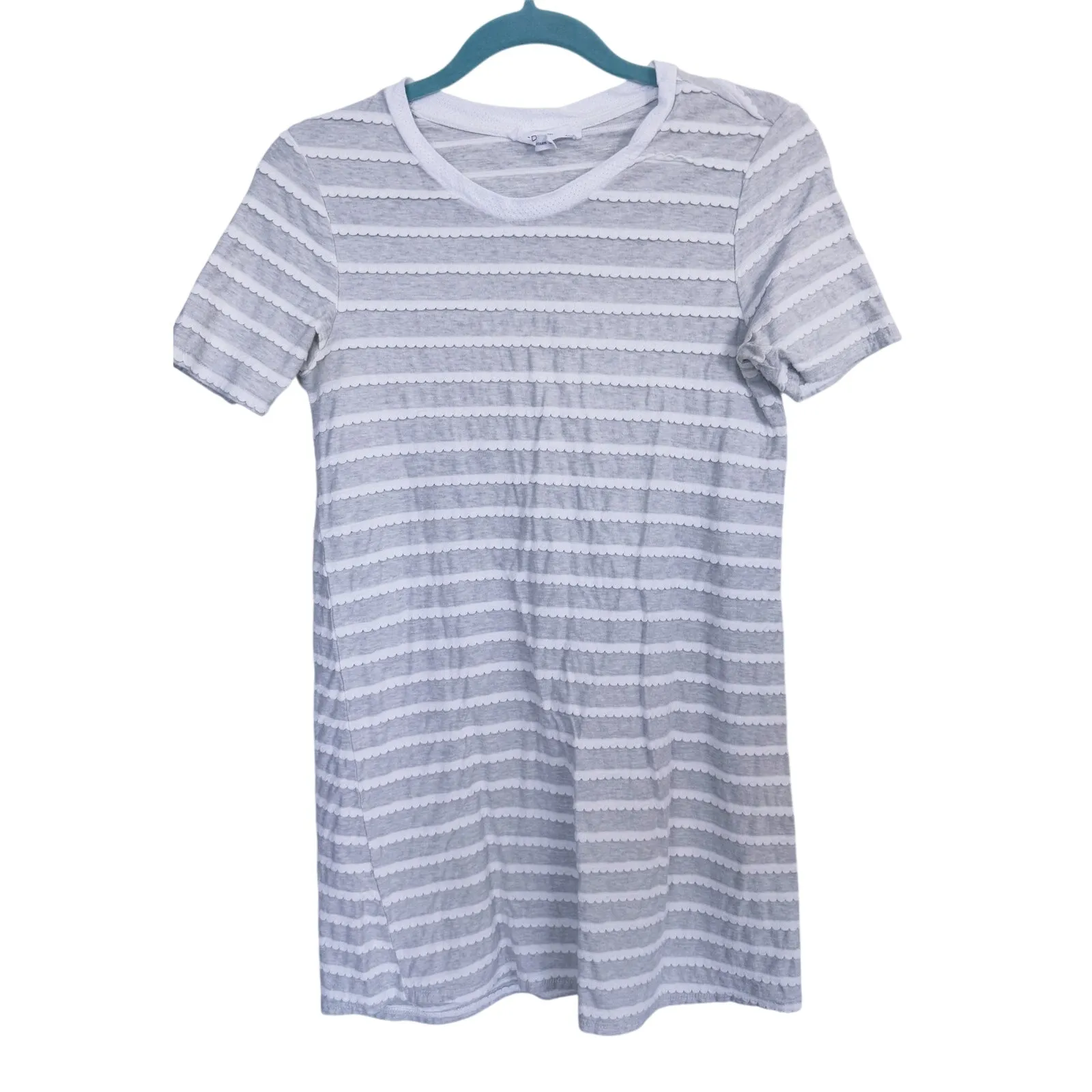 BCBG French Romantic Scallop Striped Shirt Dress S Gray Preppy Feminine Retro - Image 2