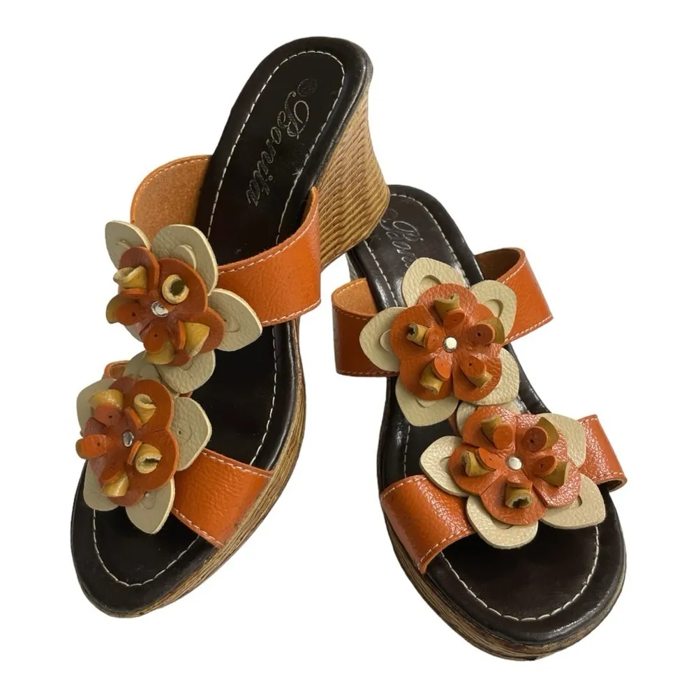 Bonita sandals slide peep toe wedge shoes low heels size 7 Orange - Image 2
