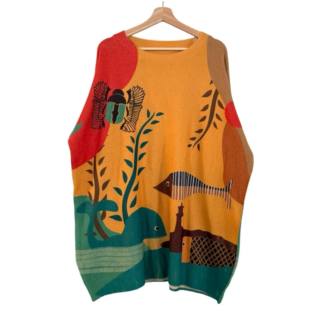 Women’s Pullover Oversized Wool Blend Fish Pattern Sweater Size OS Gold - Image 7