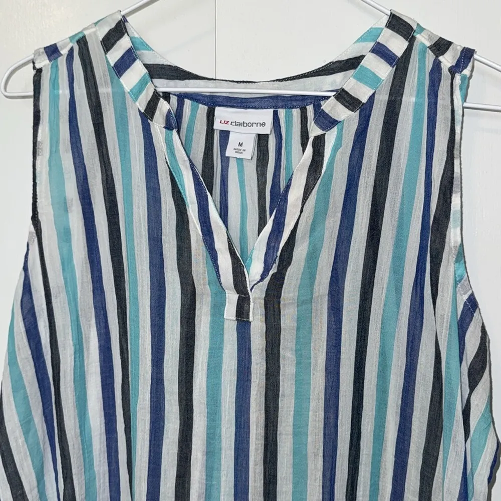 Liz Claiborne Sleeveless Tank Top Blouse Sheer Striped Women’s Medium M Cotton - Image 2