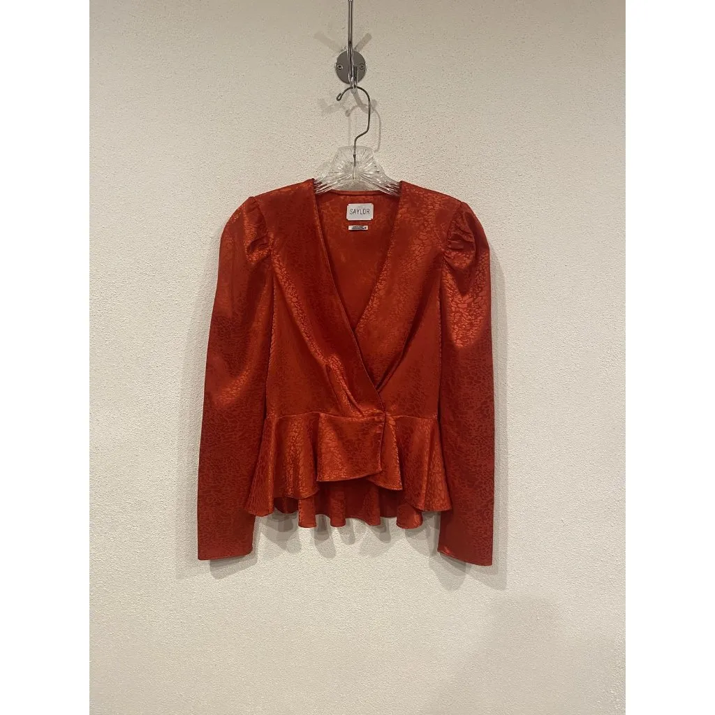 Saylor Easton Blouse Womens XS Orange Animal Print Wrap Peplum Puff Sleeve Top - Image 2