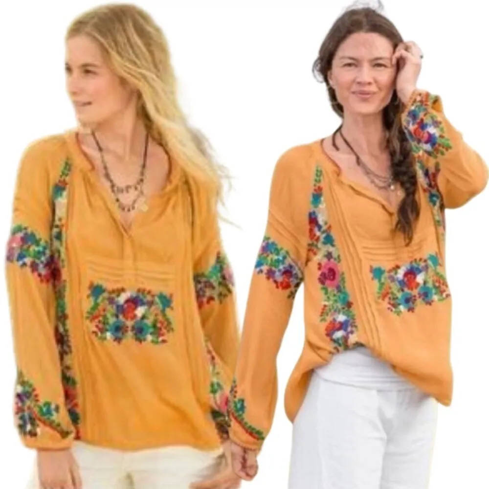 Sundance Catalog Fabled Table Embroidered Blouse Women's Small Gold Floral Flowy - Image 2