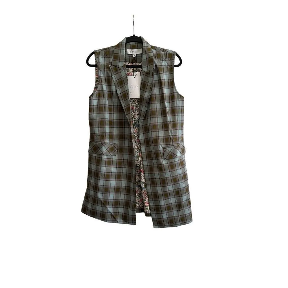 NWT Buru Womens Sage Plaid Open Front Vest Size XS Green - Image 4