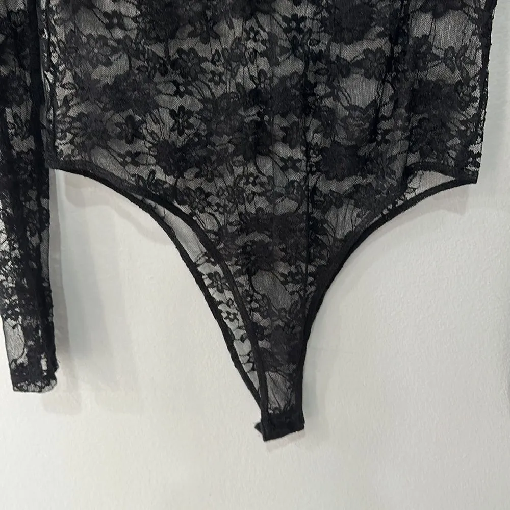 Ladies Long Sleeve Floral Lace Leotard Bodysuits Top Sz M Black Size M - Image 4