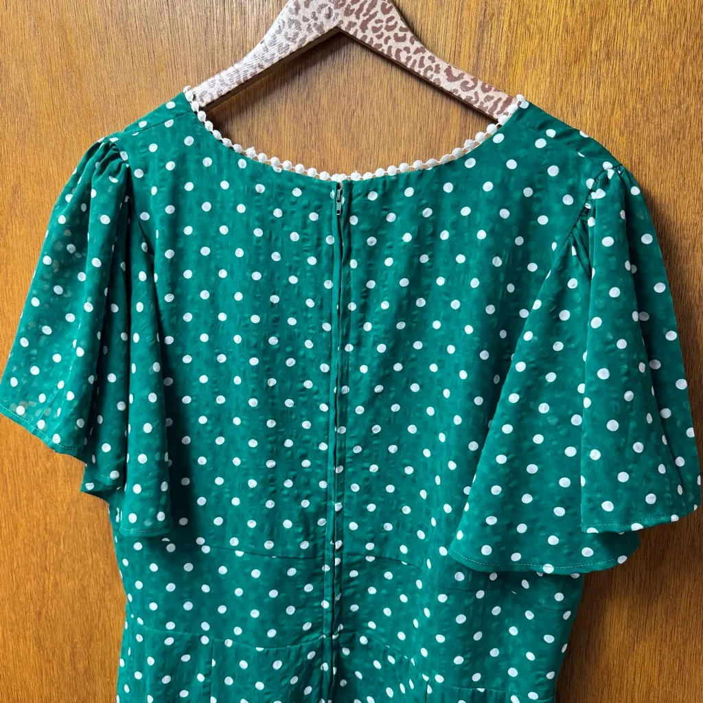 Unique Vintage Polka Dot Godet Short Sleeve Midi Dress Retro Green XL 14 - Image 11