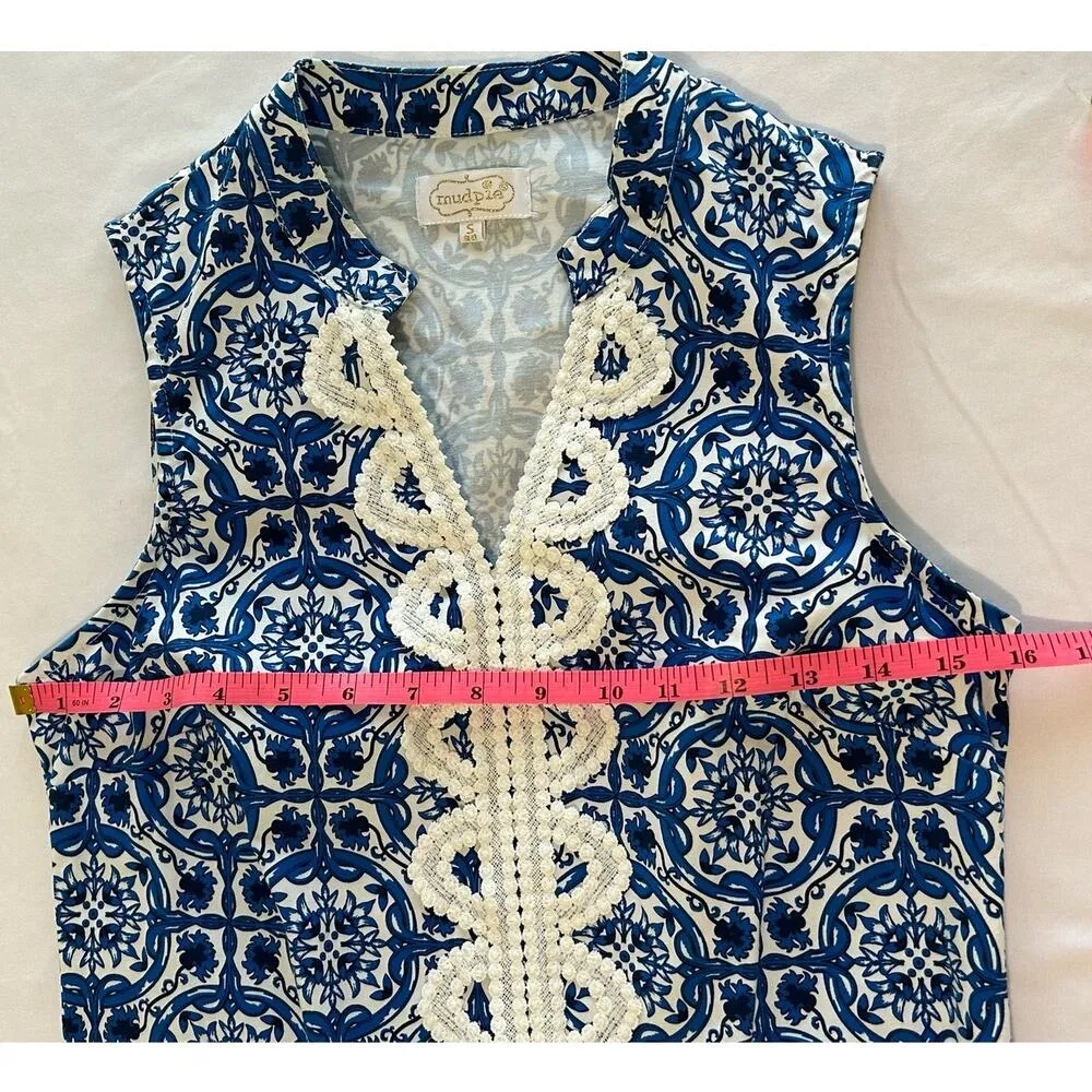 MUDPIE 'Mia' Sleeveless Crochet V Neck Shift Dress Size Small Blue China - Image 6