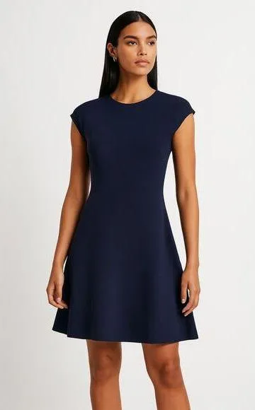 Halogen Blue Crewneck Sleeveless Back Zip A-Line Mini Ribbed Knit Dress Size L - Image 1