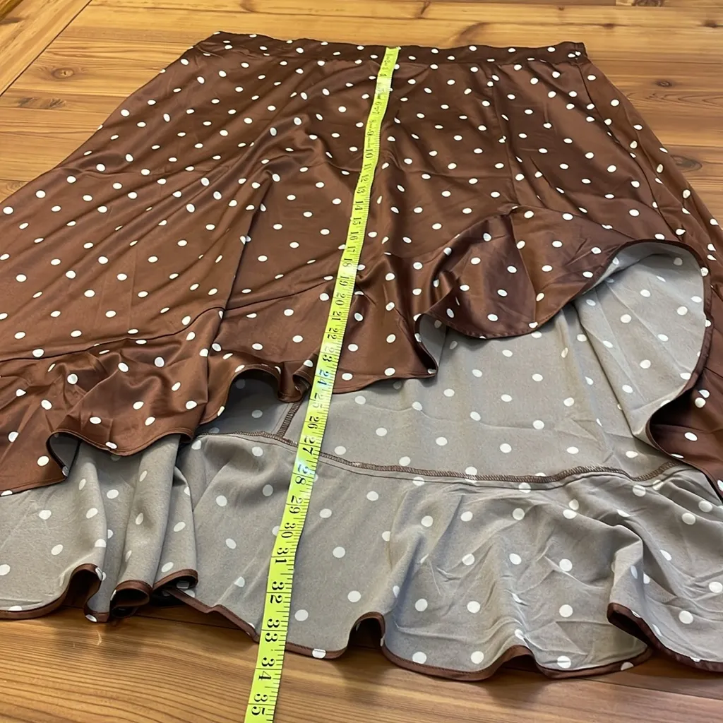 Torrid Midi Stretch Satin Hi-Low Ruffle Skirt Brown White Polka Dot Pockets New - Image 11
