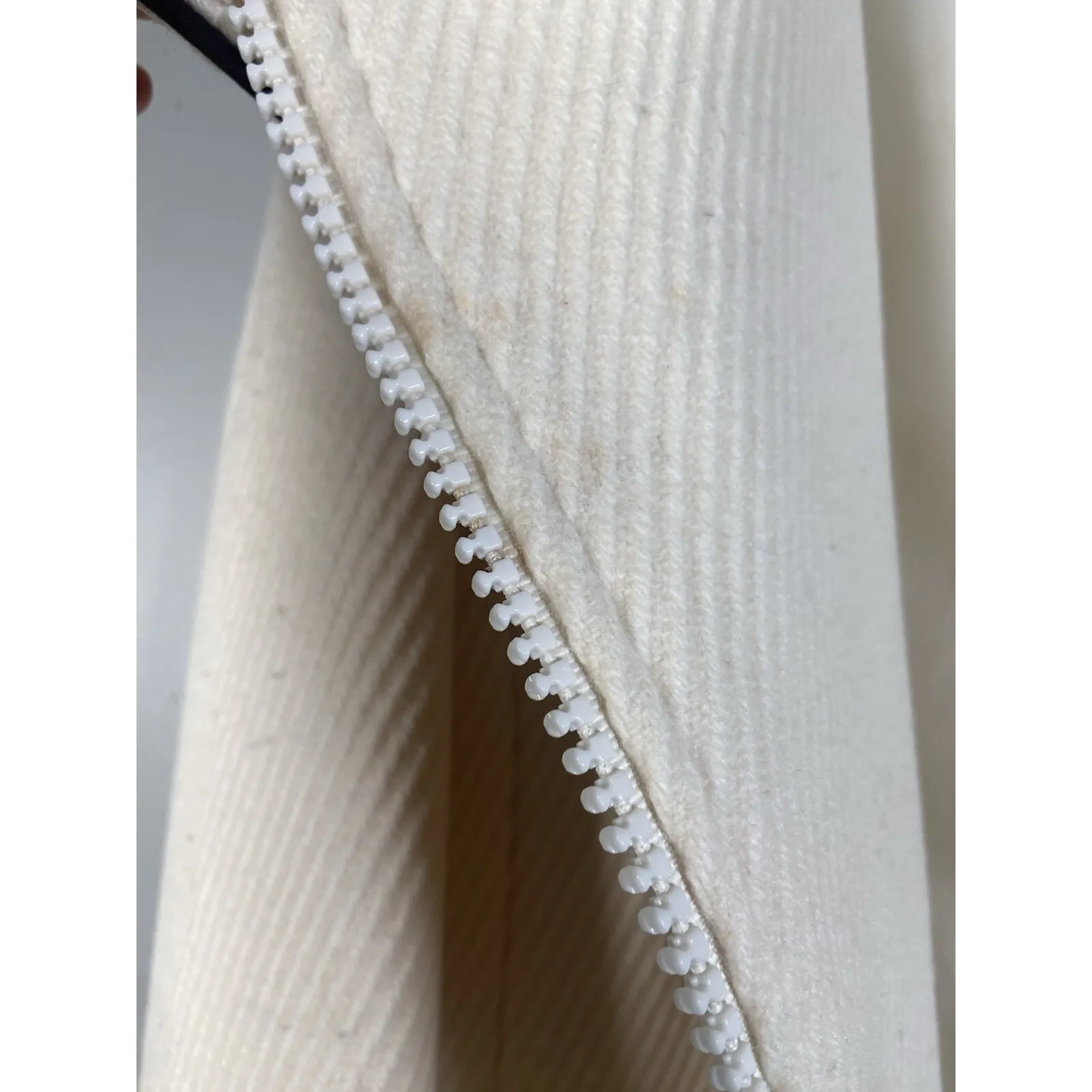 Wool Blend Cream Coat Asymmetrical Zip Front Black Trim Elegant Luxury Sz Large - Image 7