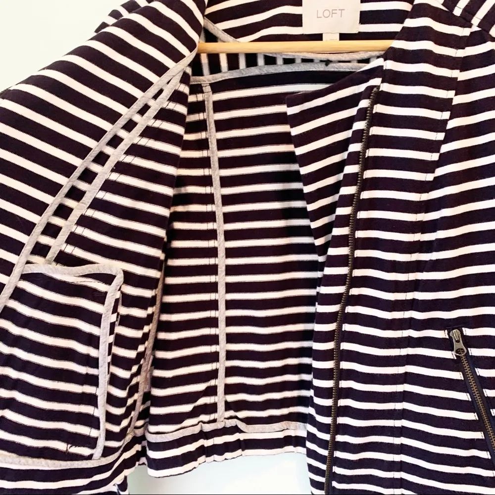 Ann Taylor LOFT Navy Blue Striped Cotton Hidden Zipper Cardigan Jacket 4 - Image 3