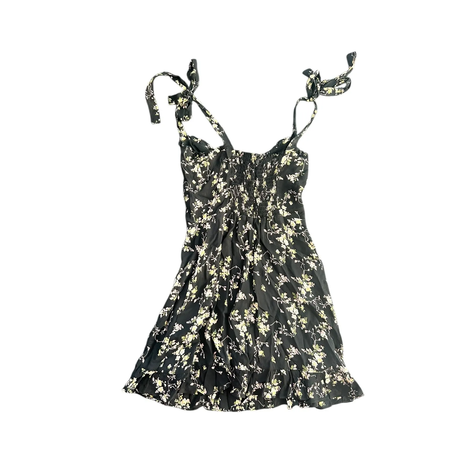 Reformation Christine Black Floral Mini Dress Tie Strap Smocked Ruffle Hem - Image 6
