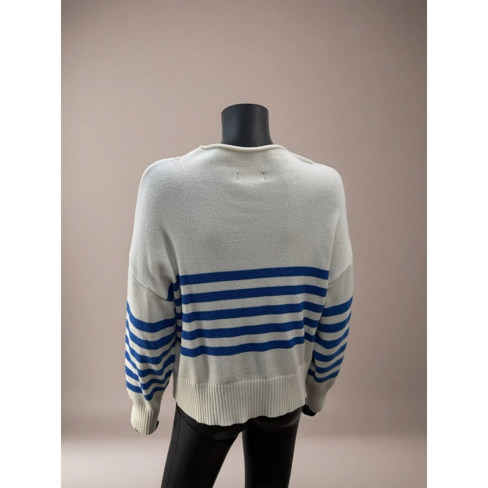 Truth by Republic Cream Blue Striped Knit Sweater Ribbed Cuffs XL White - Image 3