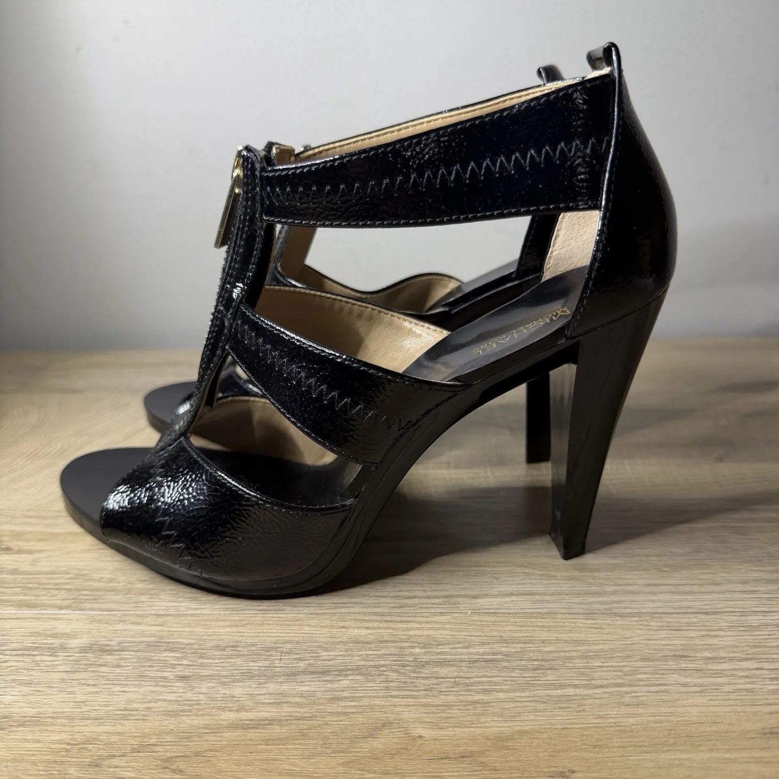 Michael Kors MK Black Patent Strappy Zipper Cage Heel Sandal Goth Punk Party 7.5 - Image 3