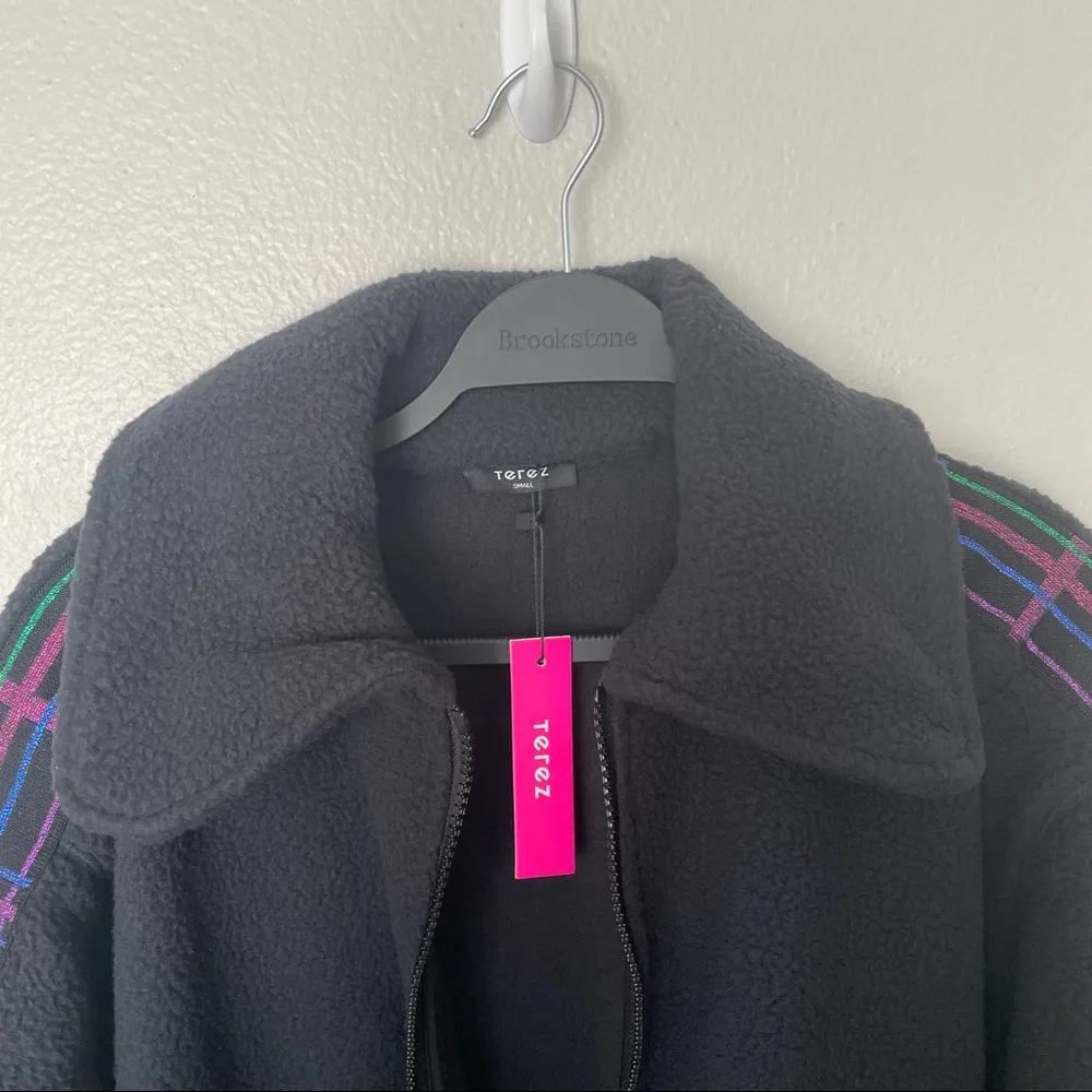NWT Terez Oversized Black Fleece Plaid Metallic Multi Elastic Plaid Jacket Small - Image 5