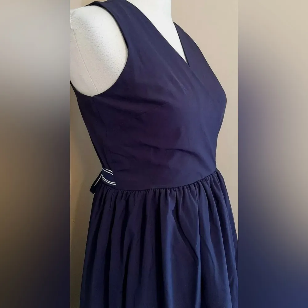 Navy Blue White Striped Hem Surplice V-Neck ModCloth Dress by Yellow Star Small - Image 2