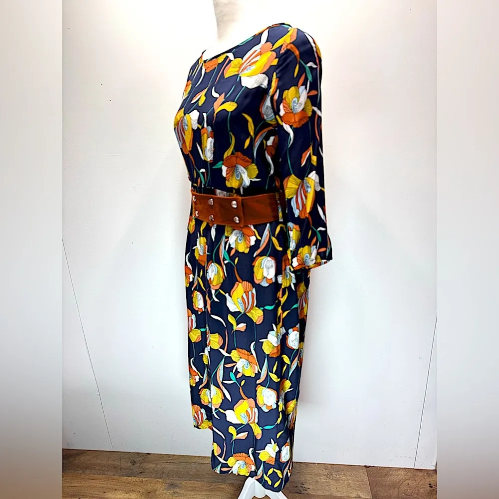 Trollied Dolly Navy Blue Big Retro Tulip 3/4 Sleeve Belted Midi ModCloth Dress Size XL - Image 5