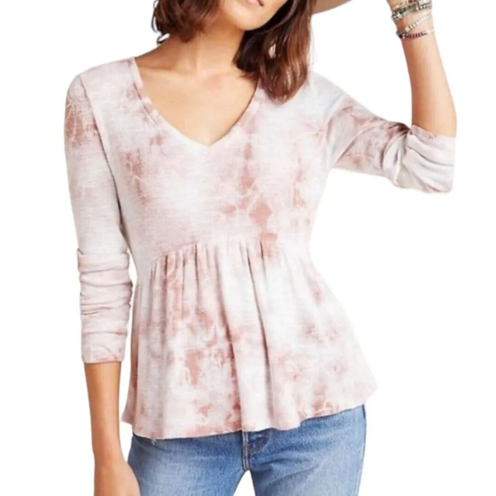 Anthropologie T.La Shirt Women Small Pink White Tie Dye Jill Babydoll Top Peplum - Image 8