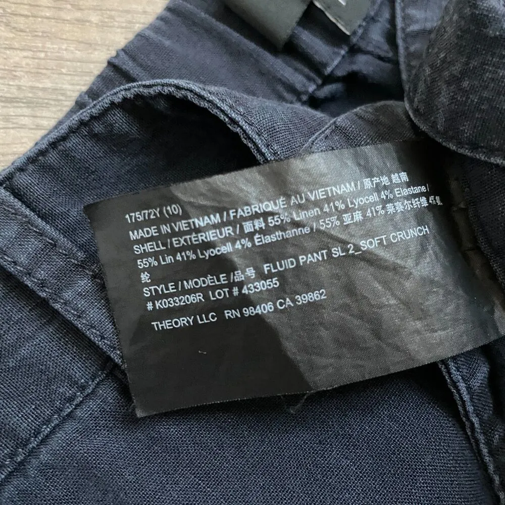 Theory Fluid Pant Soft Crunch linen blend navy pants elastic waist size 10 women - Image 9