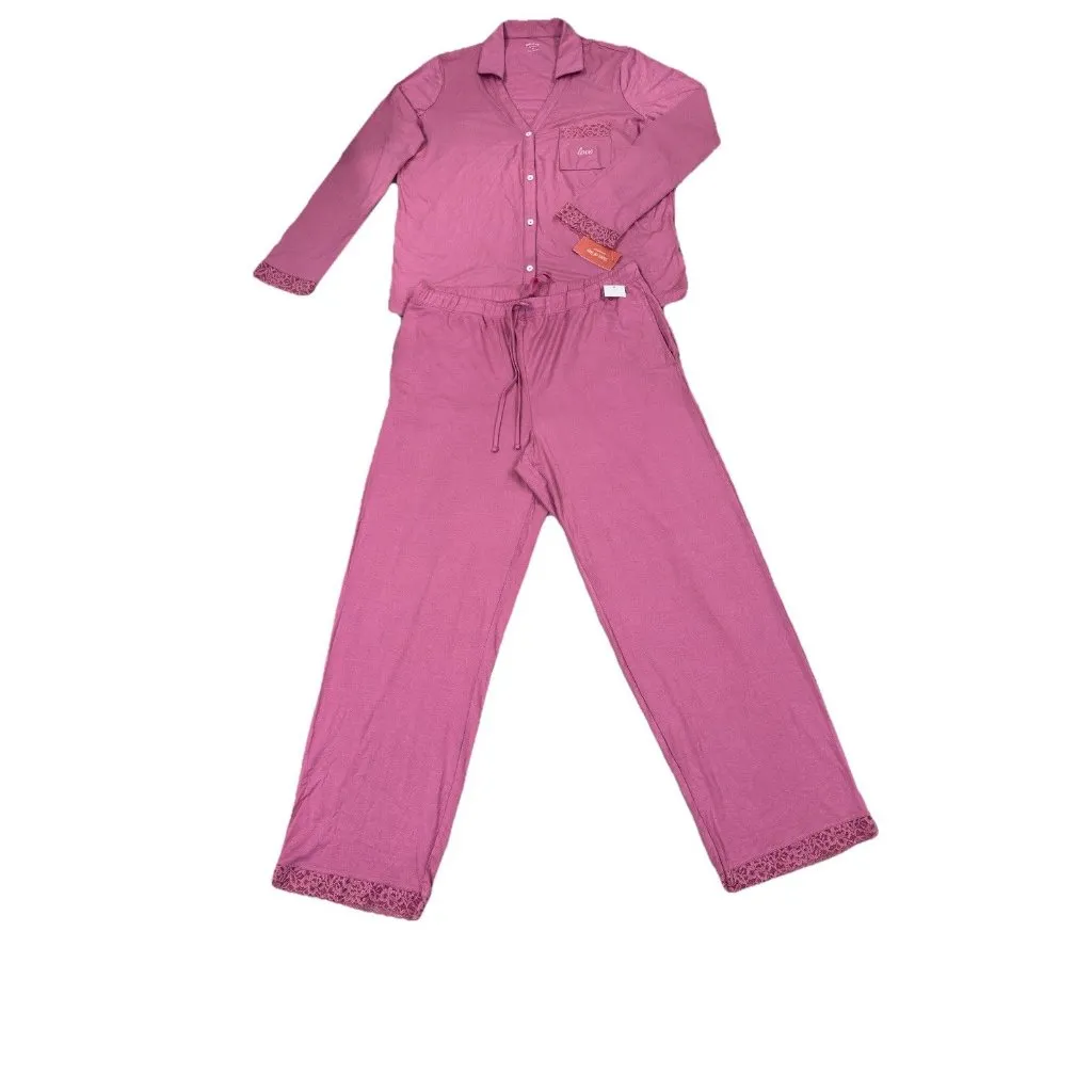 State of Day Macy’s Pink Lace Trim Collared Pajama Set 2PC Button Top Pants M Size M - Image 2