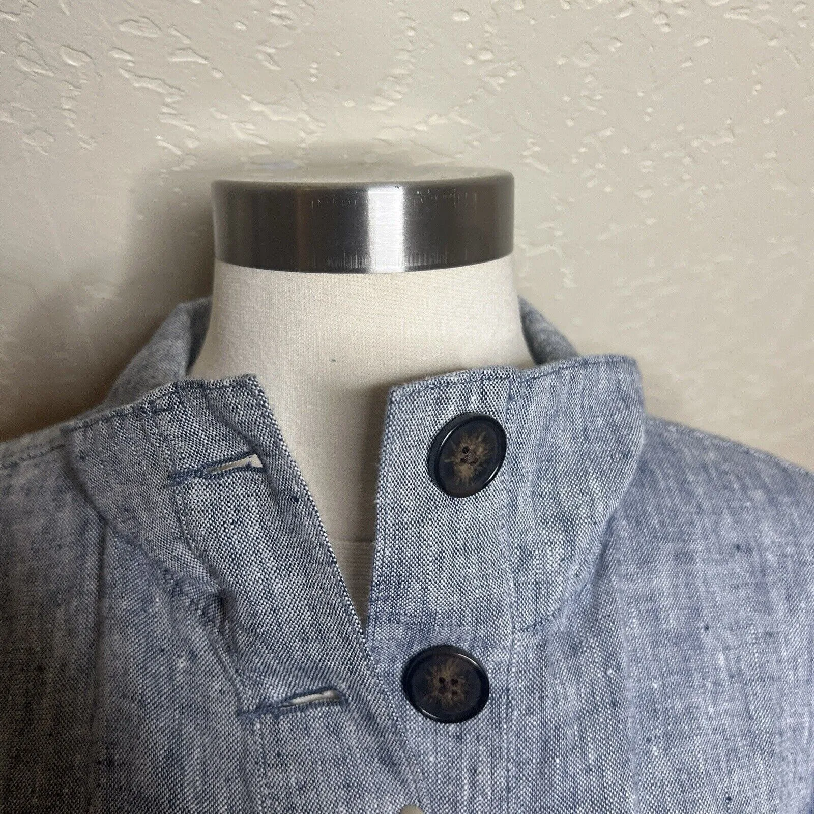 Lands End Cinch Waist Utility Jacket Womens L Blue Linen Chambray Button Up - Image 7