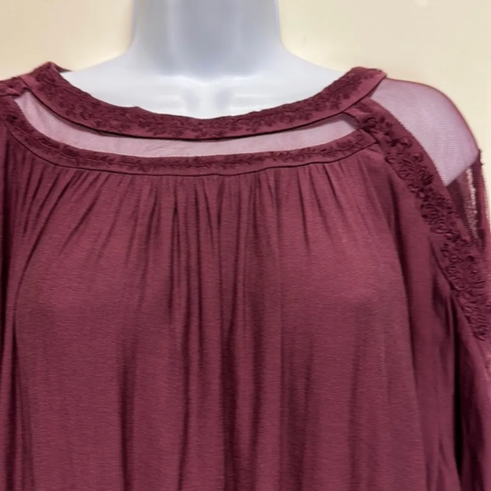 Free People maroon Long‎ Sleeve Purple Embroidered & Mesh Top Size XS - Image 4