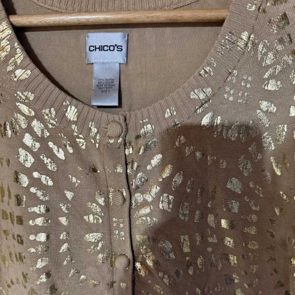 Chico's Gold Metallic Button Front Short Sleeve Cardigan Women's Size 1/Medium - Image 3