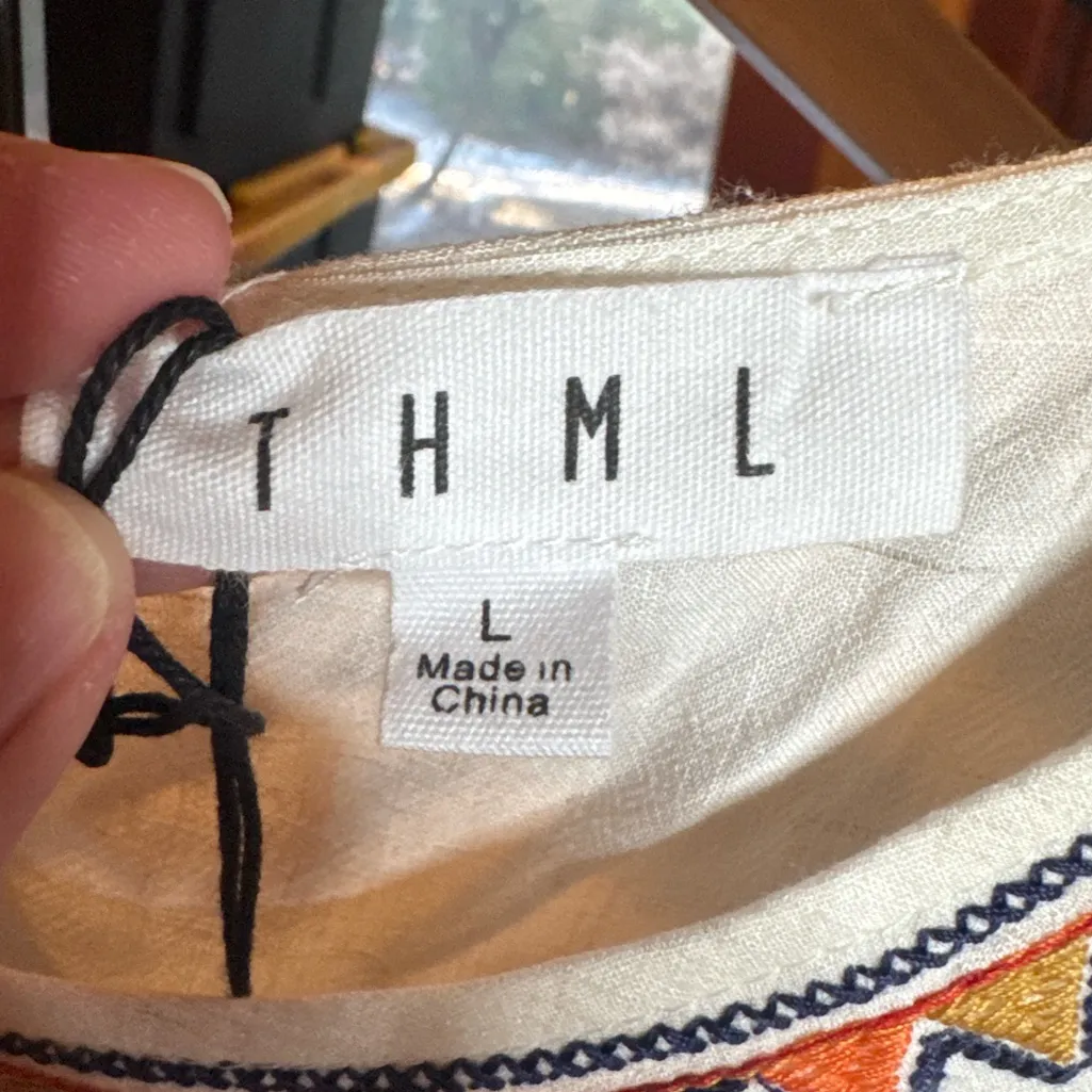 NWT THML Embroidered Boho Peasant Top Natural White Size Large | Linen Blend - Image 3