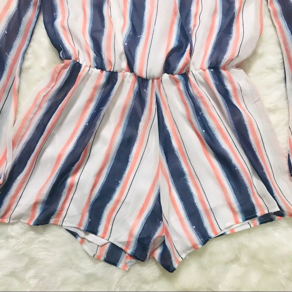 Leith Striped Long Sleeve Flowy Romper Size Medium White, Coral Pink, & Blue - Image 6