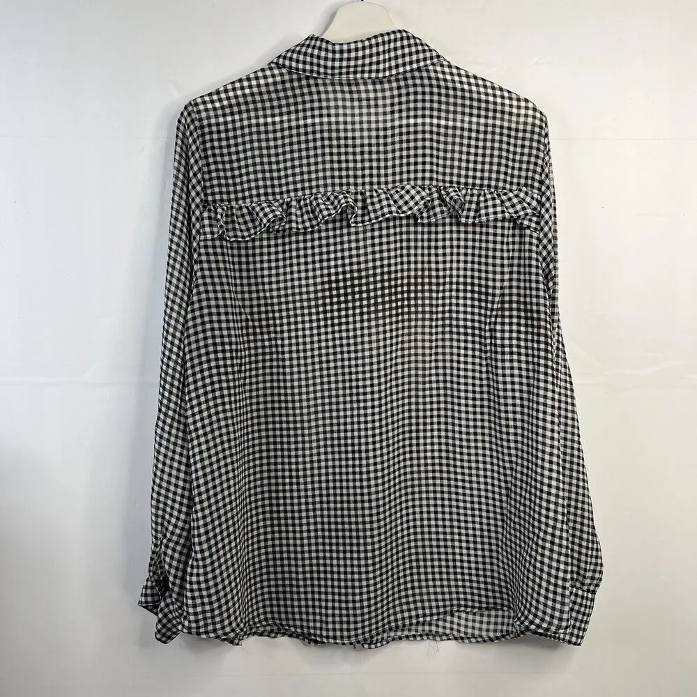 Torrid Women’s Plus 0X Blouse Gingham Ruffled Semi Sheer Black White Long Sleeve - Image 10