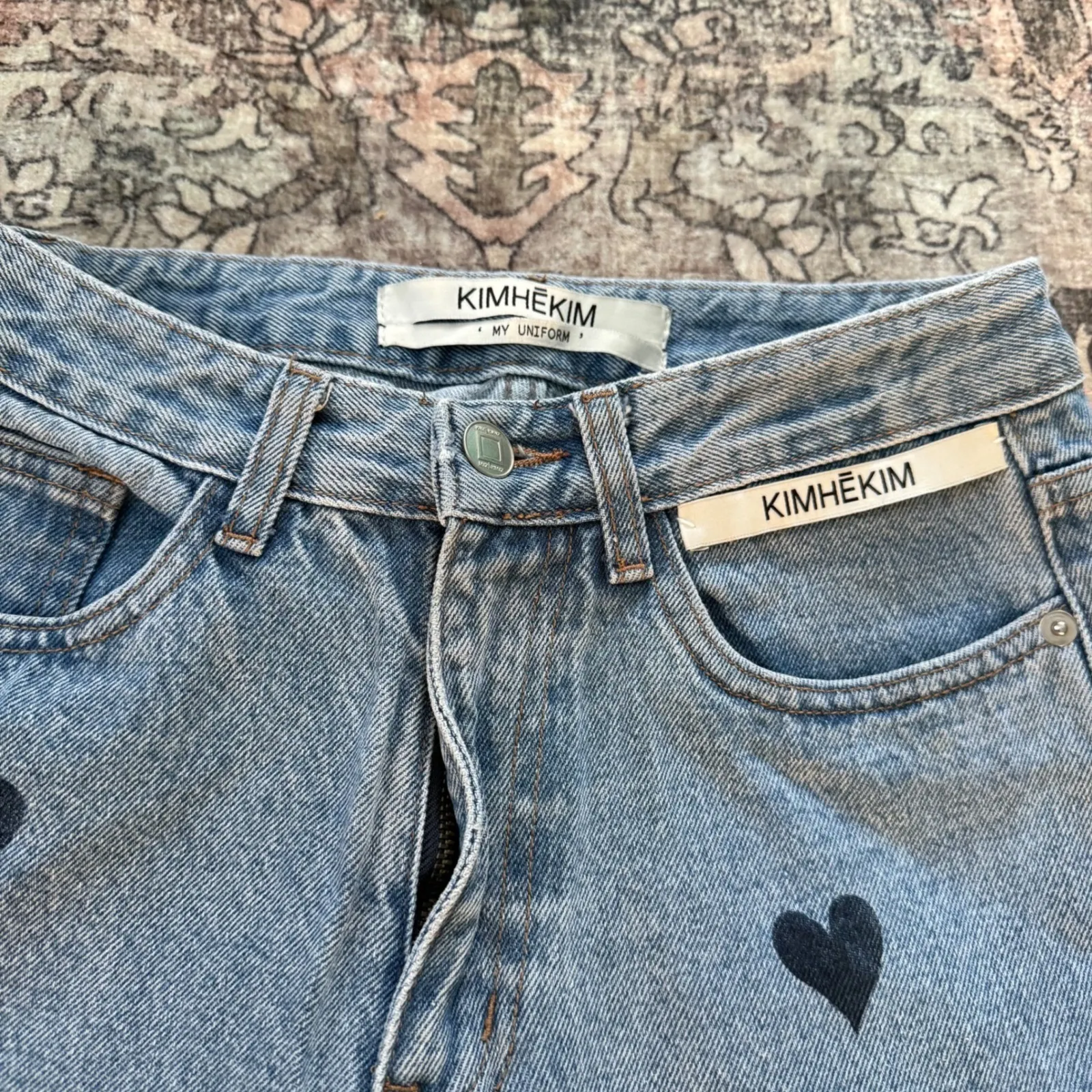 Kimhekim Heart Stamped Print Wide Leg Denim Blue Jeans Size Small • My Uniform - Image 8