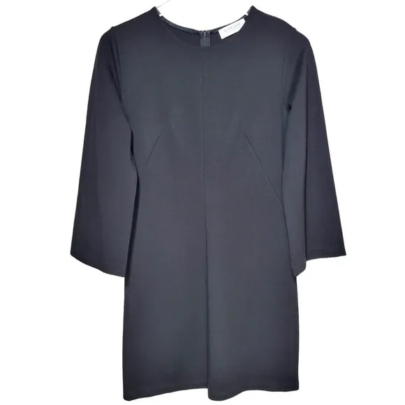 EVERLANE Ponte Knit Crew Neck 3/4 Length Bell Sleeve Mini Dress in Solid Black - Image 21
