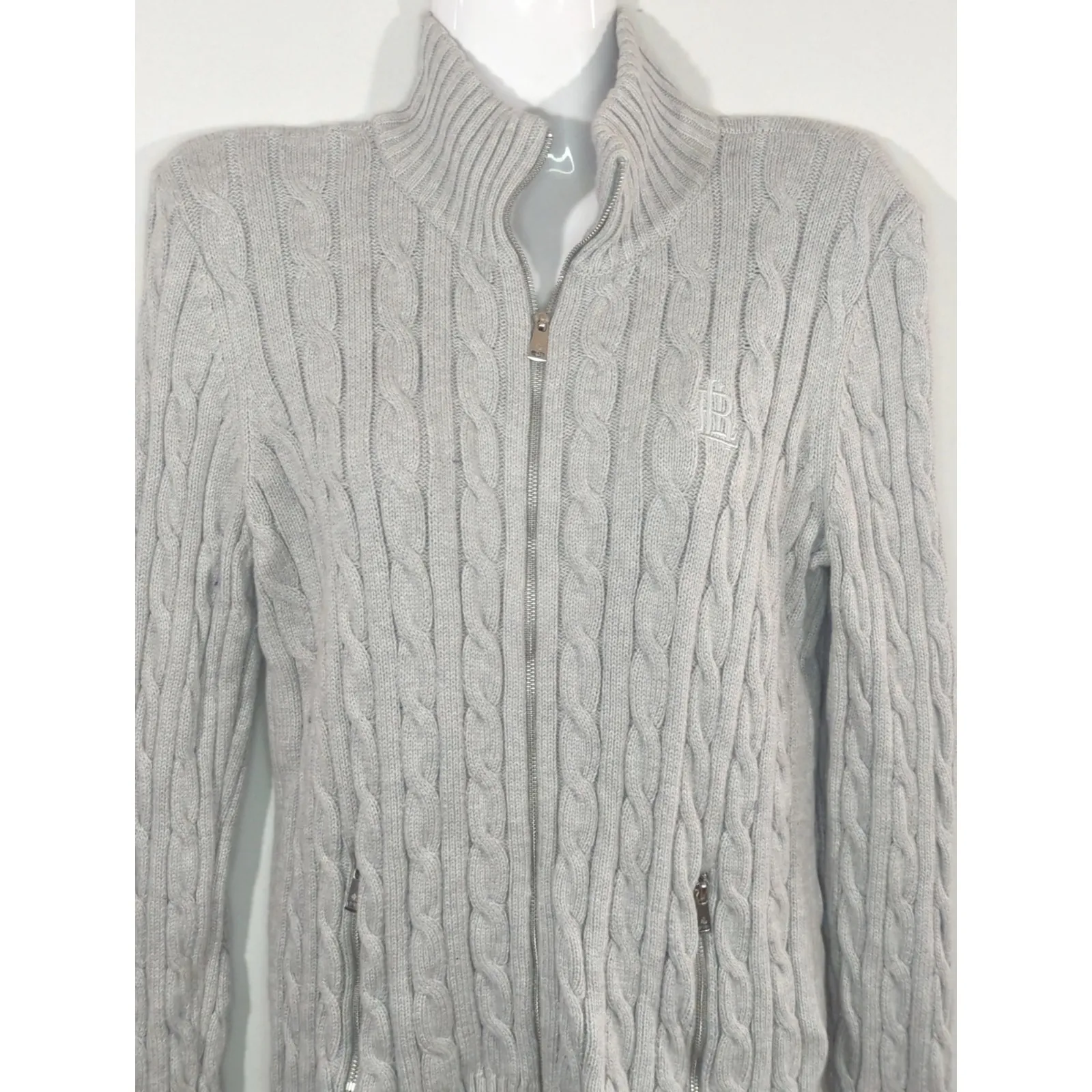 Lauren Ralph Lauren Light Gray Cable Knit Zip Up Sweater Womens MED CabinCore - Image 4