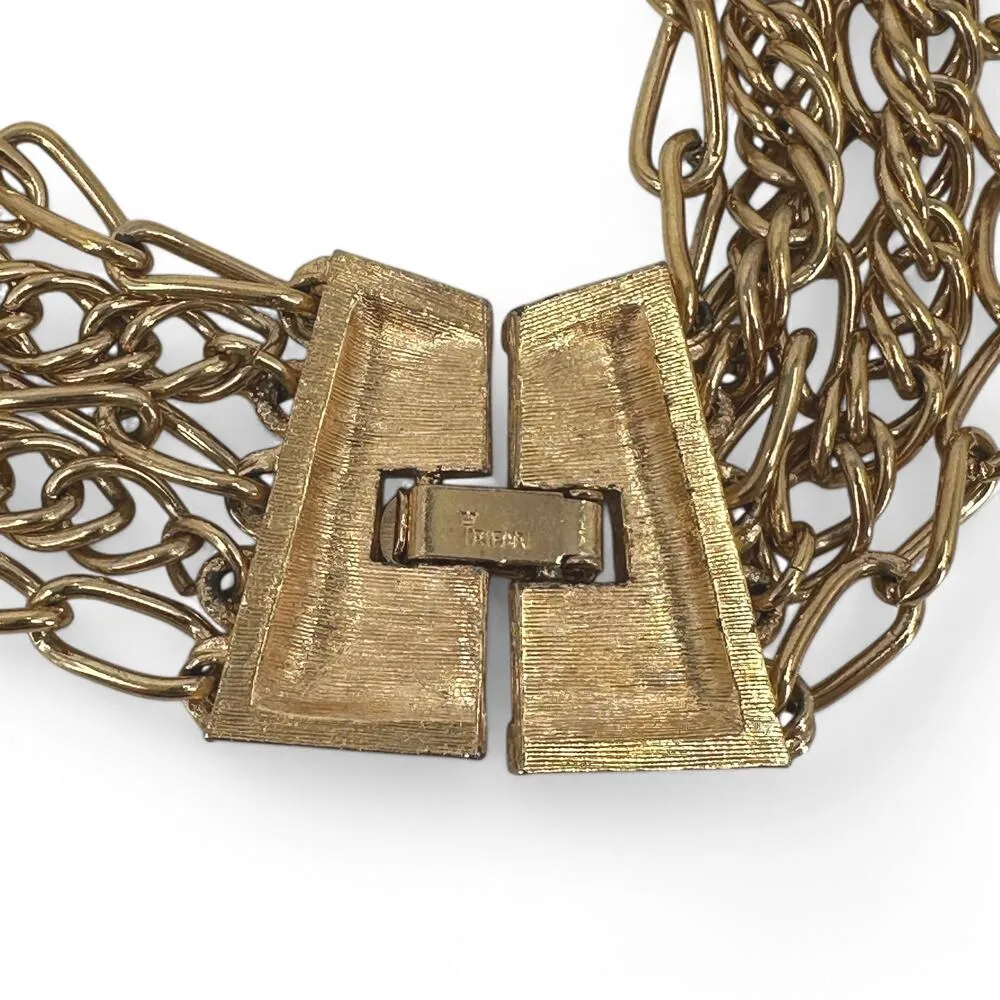 Crown Trifari Multi Strand Chain Statement Necklace Gold Tone 5 Chains Vintage - Image 3