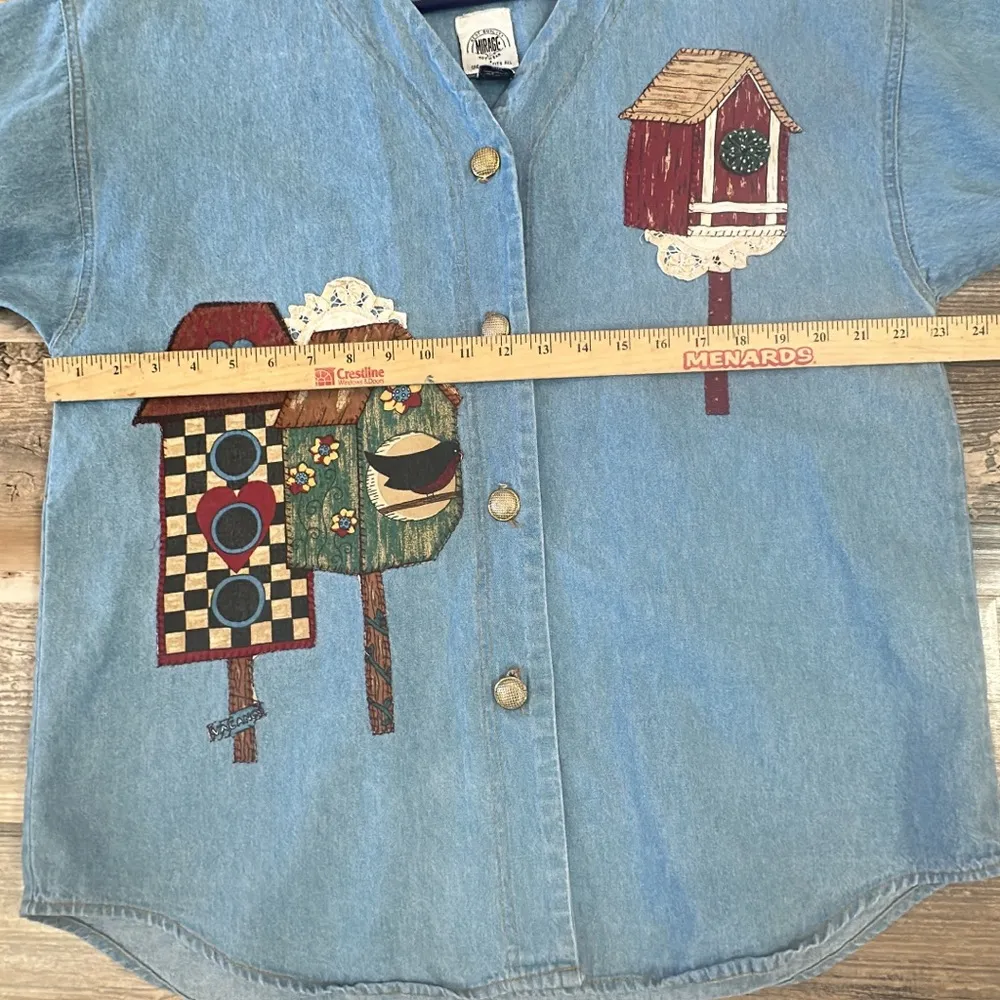 VTG 90s Chambray Denim Shirt Womens One Sz Bird House Embroidery Western Cottage Blue - Image 8