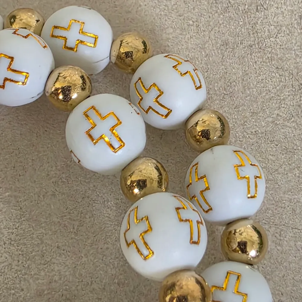 Set of 2 White and Gold Bead Cross with Wing Cross Charm Bracelet - Image 4