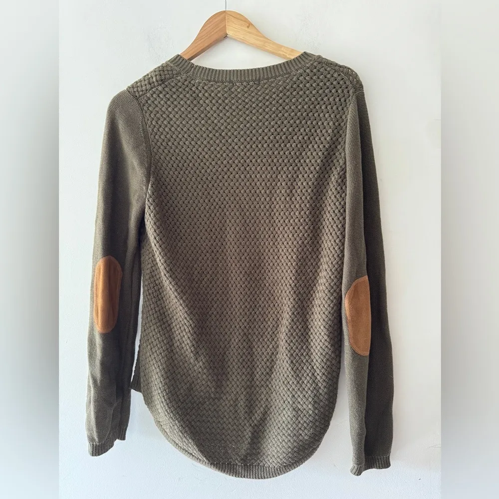LETY & ME Josey Elbow Patch Sweater Olive Green Knit Long Sleeve - Image 8