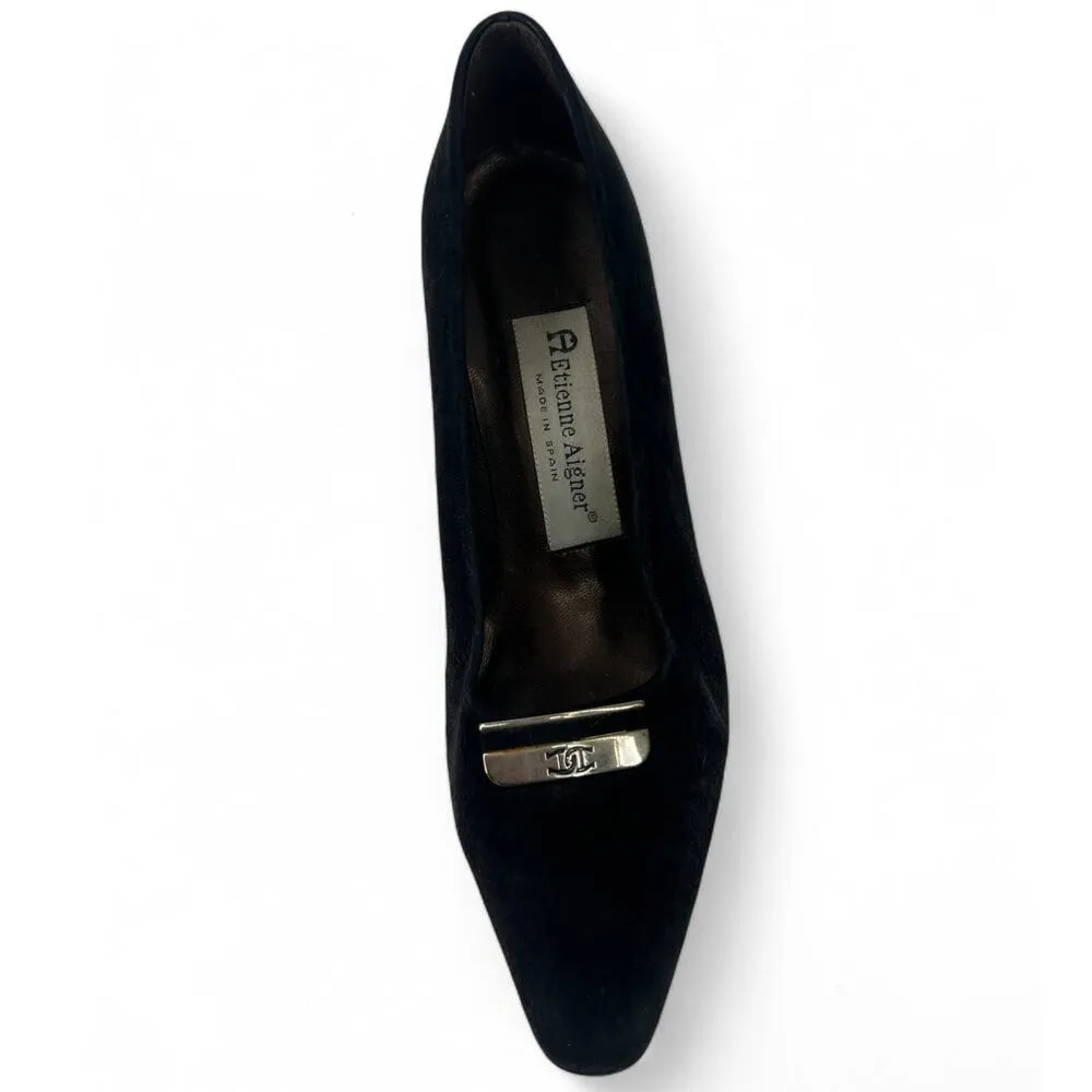 Etienne Aigner | 6.5 Horse Shoe Bit Silver Logo Black Suede Pumps Heels Pointed - Image 3